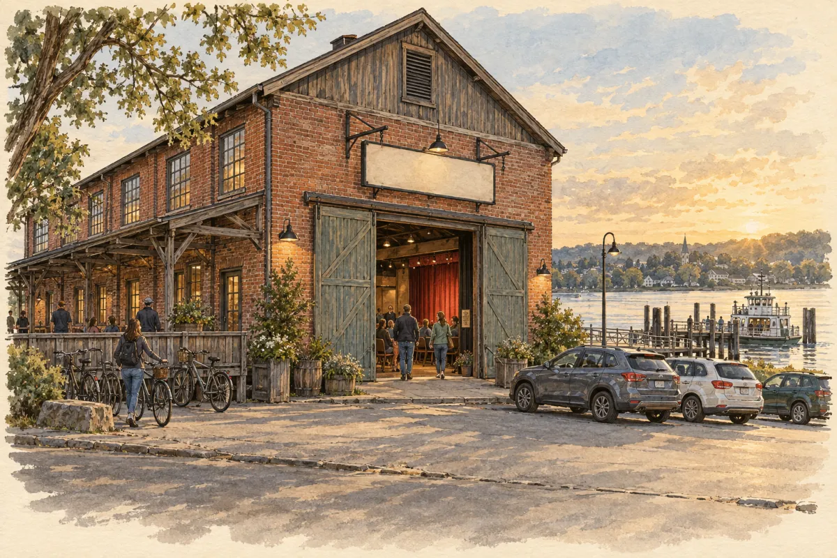 Watercolour illustration of the 1911 grain warehouse at the ferry landing, the playhouse sign over the loading door