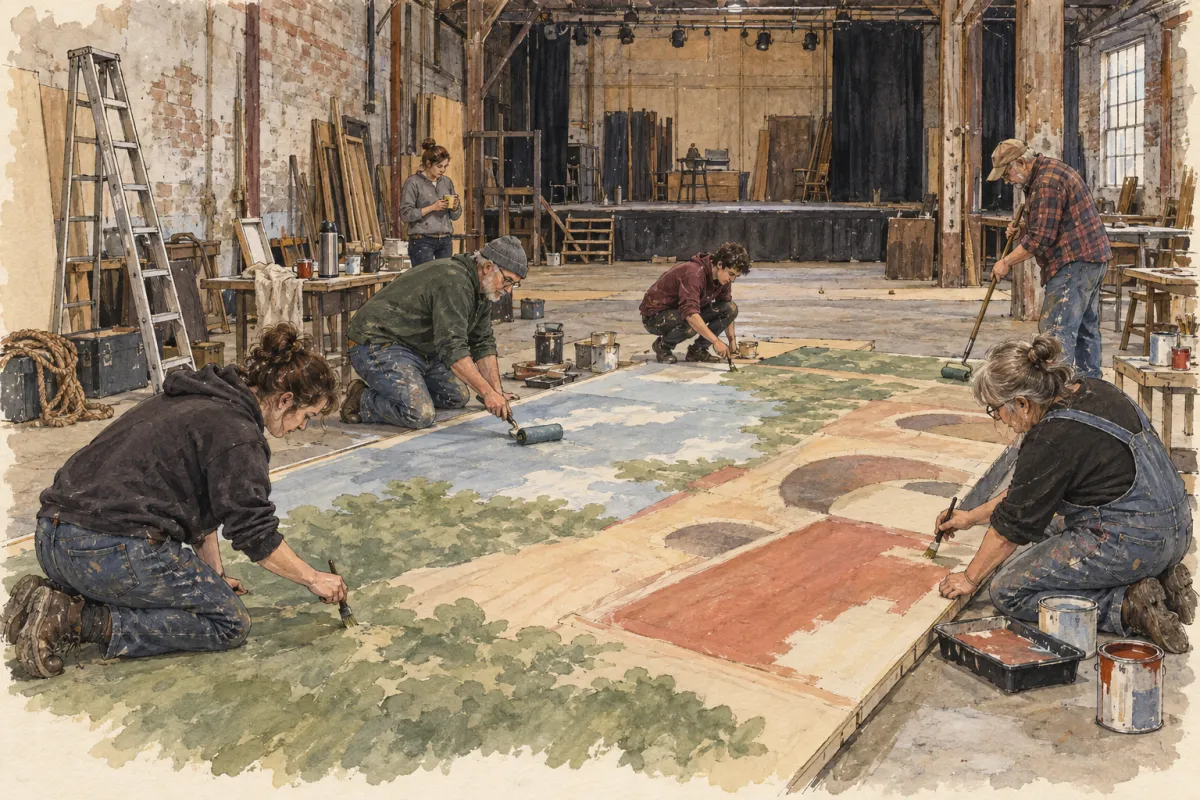 Watercolour illustration of volunteers painting a set flat on the loading floor, a ladder and paint cans around them