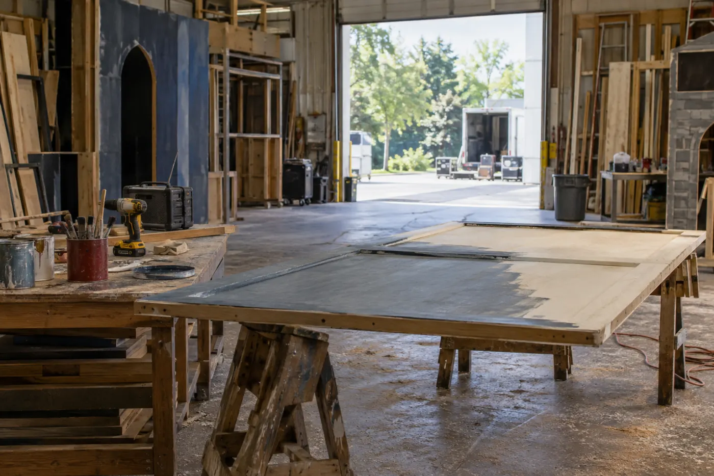 The scene shop on a Saturday morning: a half-painted flat on sawhorses, brushes in a can, a drill, sawdust on the floor